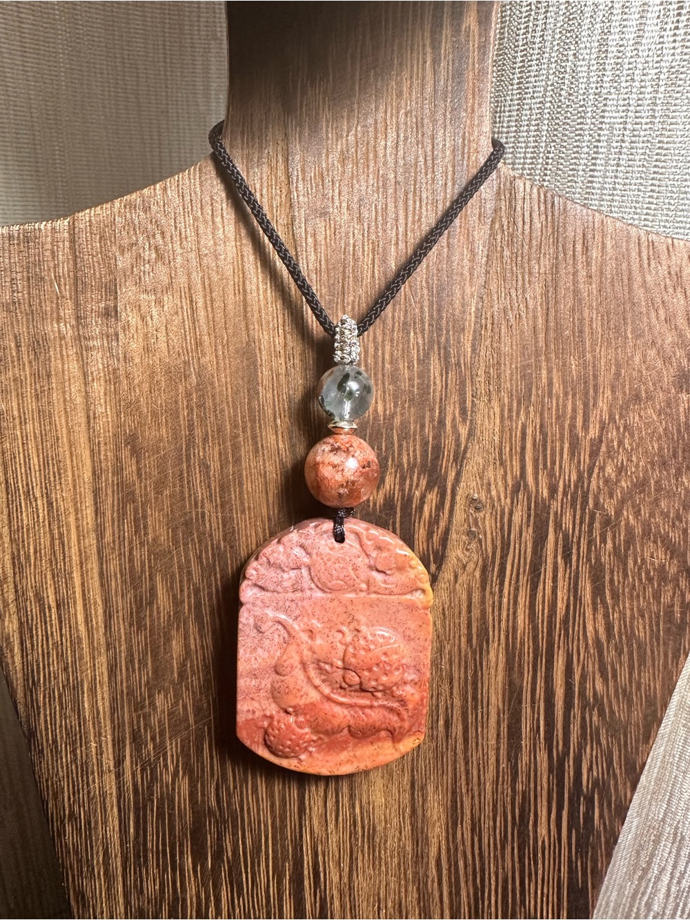 Unique Coral Fossil Ladybug Pendant on Brown Adjustable Rope with Quartz